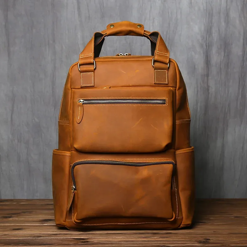 sac à dos rétro en cuir pour hommes, couche supérieure en cuir, grande capacité, sac d'ordinateur, crazy horse, loisirs, voyage, nzpj