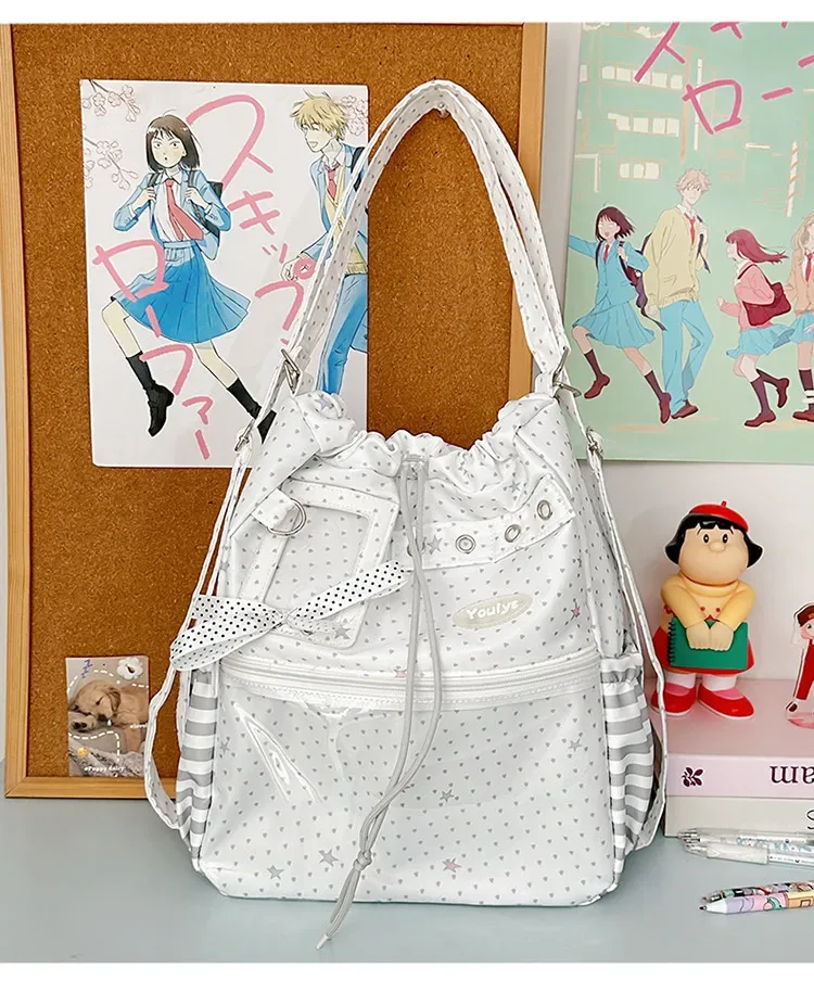 sac à dos ita mignon à pois avec cordon de serrage et poche transparente pour pince, sac multifonctionnel pour l'école, les trajets et les sorties