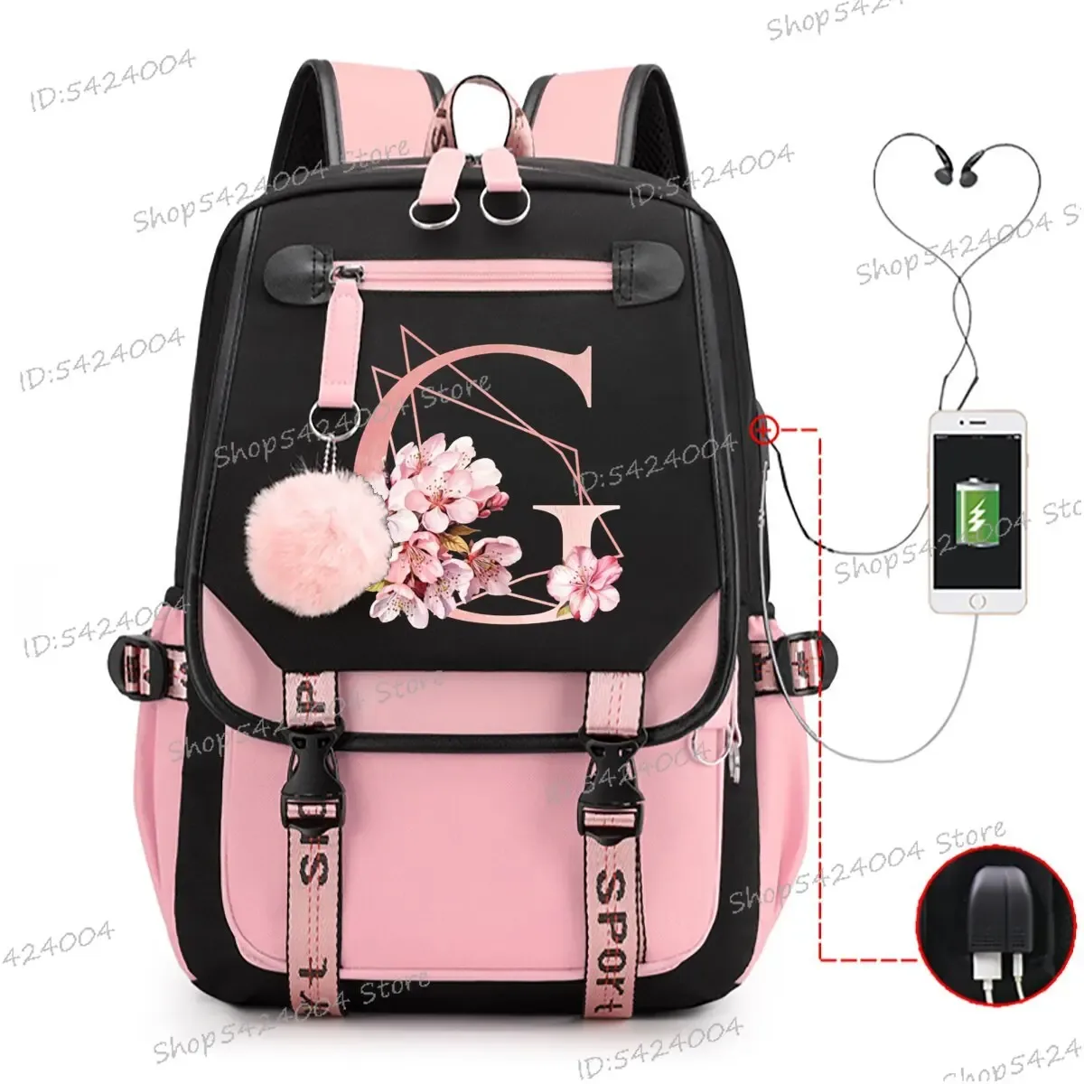 collège étudiants sacs d'école rose sakura lettres r mode voyage sac à dos adolescentes noir rose cartable a-z dessin animé cartable