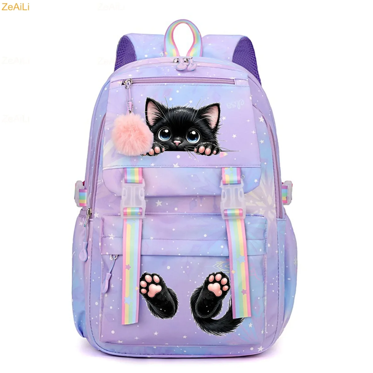 sac à dos pour femme, enfant, adolescent, motif chat noir mignon, fleur et papillon, idéal pour l'école