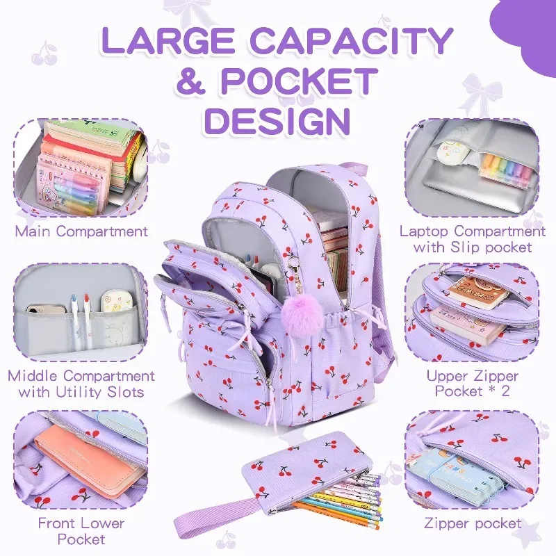 sac à dos en velours côtelé 3 pièces/ensemble, motif cerise, grande capacité, léger, pour filles