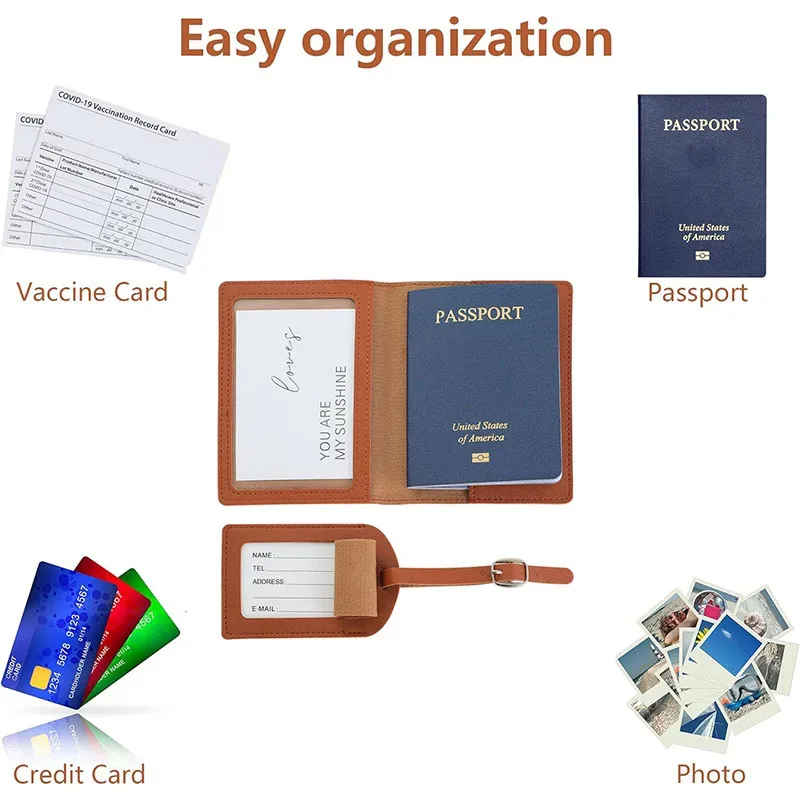 couverture de passeport de voyage en pu, étiquette d'identification de valise, sac d'embarquement, nom, adresse, porte-passeport, 2 pièces/ensemble