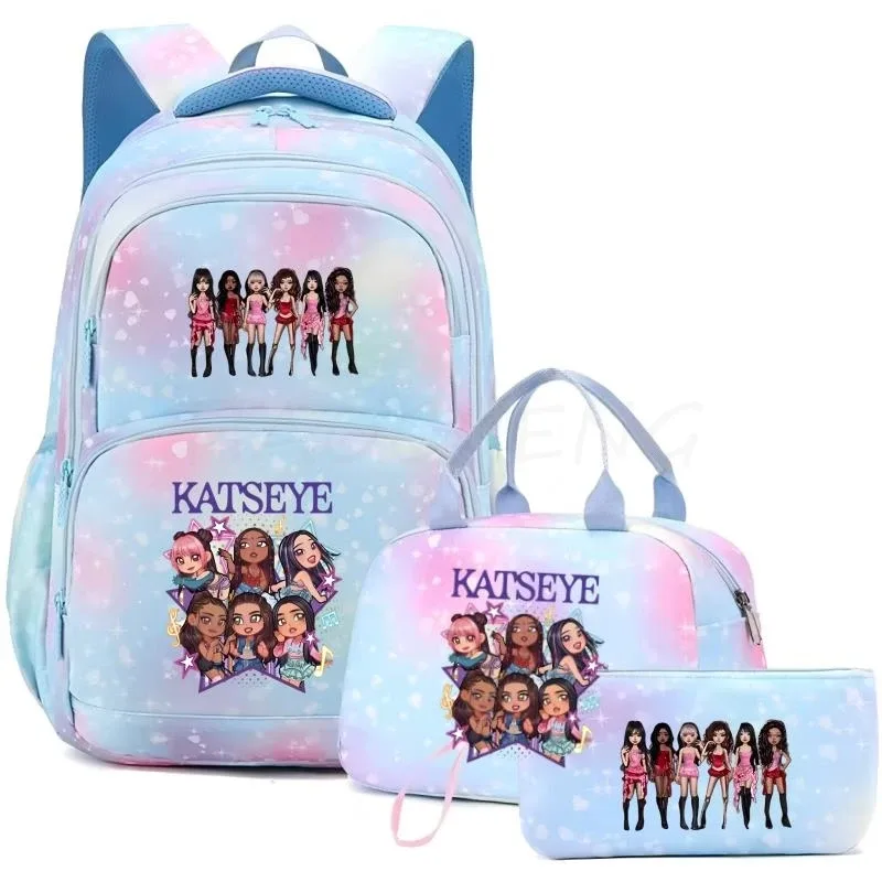 sac à dos katseye pour femmes, 3 pièces/ensemble, sac d'école pour étudiants, grande capacité, sac de voyage en plein air, sac d'école pour étudiants avec dessin animé