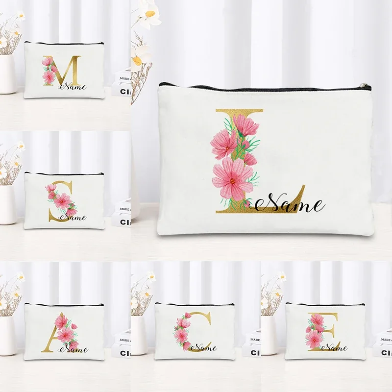 grande pochette zippée à motif floral rose et initiales dorées, organisateur d'essentiels de voyage en toile, 