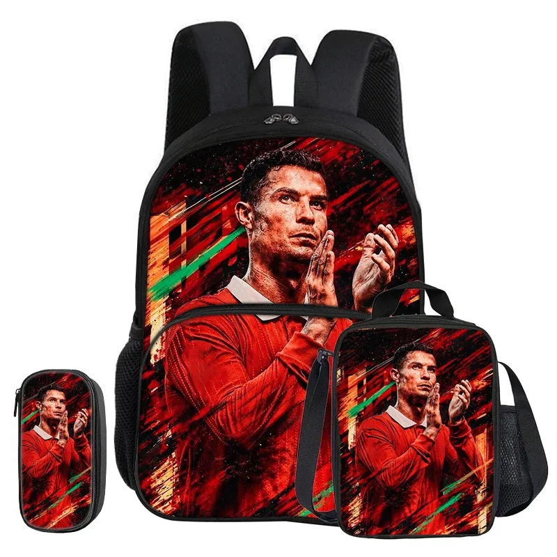 ensemble ronaldo 3 pièces avec sac à dos à poche frontale, sac isotherme pour le sport et le football, et trousse à crayons cr football star