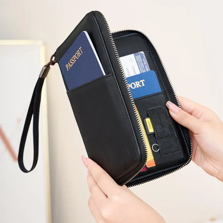 porte-passeport avec fermeture à glissière, protection rfid, étui de rangement pour documents de voyage multi-poches noir, portefeuille en simili cuir xjm, 1 pièce