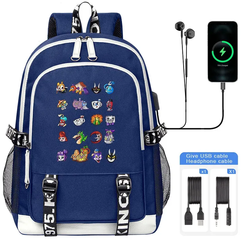 cuphead mugman sacs d'école pour adolescent usb charge sac à dos pour ordinateur portable garçons filles étudiant livre sac mochila sac de voyage