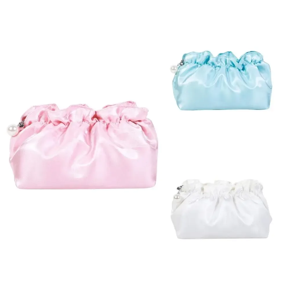 pochette de maquillage en polyester doux, forme nuage, fermeture à cordon, pochette cosmétique, surface brillante, grande capacité, organisateur de voyage