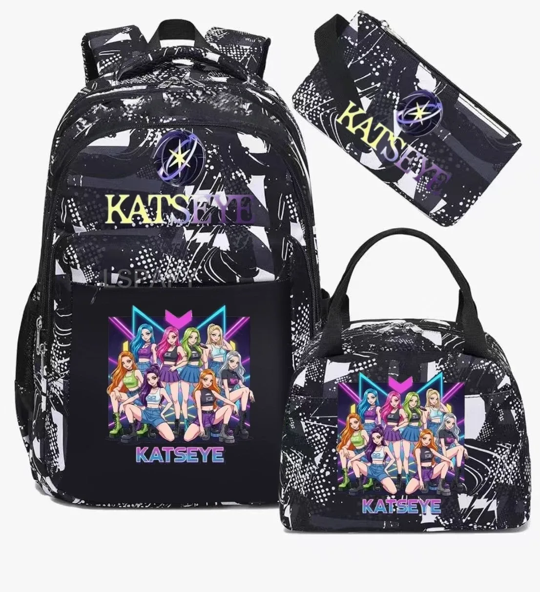 sacs d'école imprimés fashion katseye, ensemble de 3 pièces, sac à dos pour l'école primaire, garçons et filles, sac à dos de sport avec sac à lunch et trousse à crayons