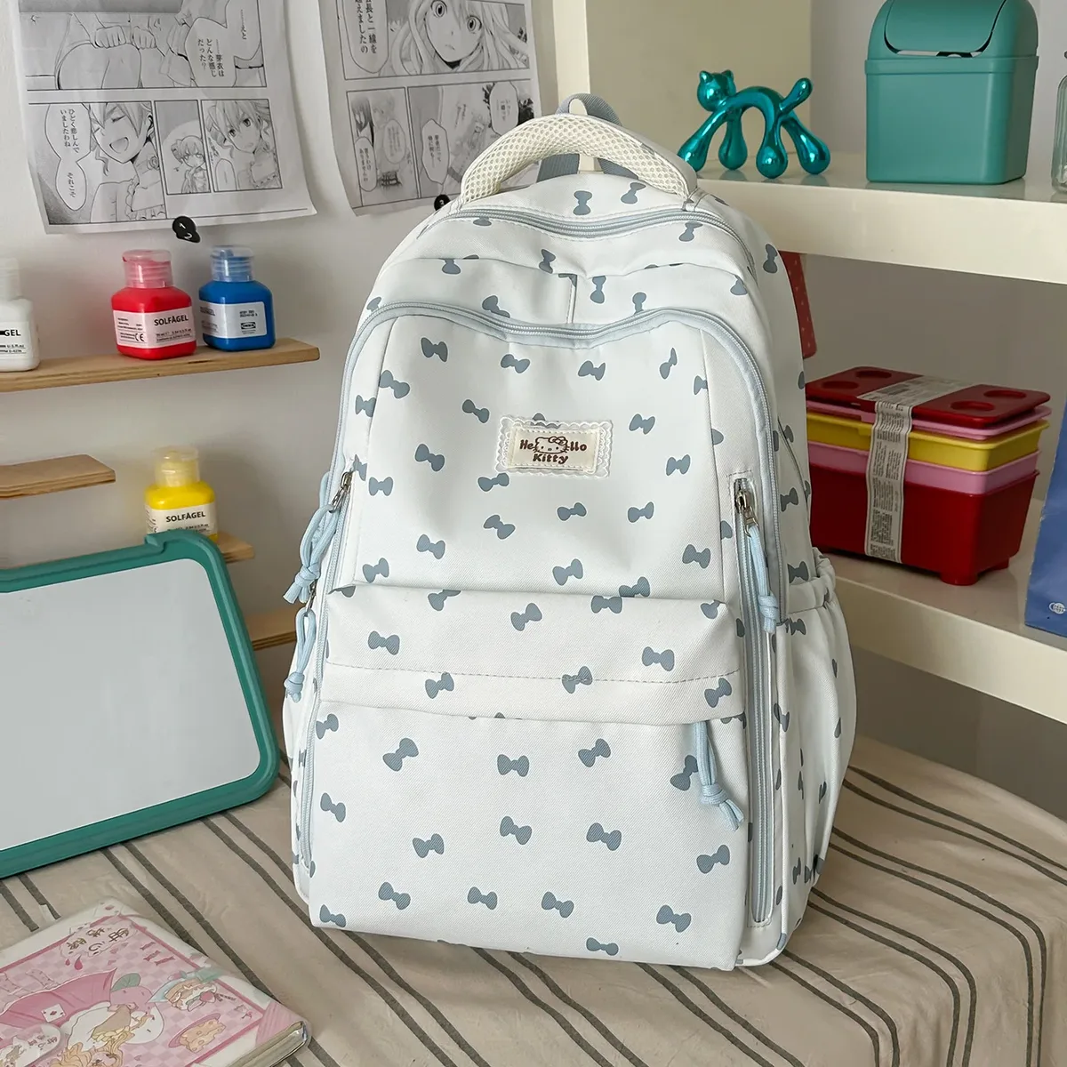 sac à dos en nylon imprimé avec motif nœud, style preppy, léger, pour étudiantes, avec plusieurs compartiments de rangement, sac de voyage