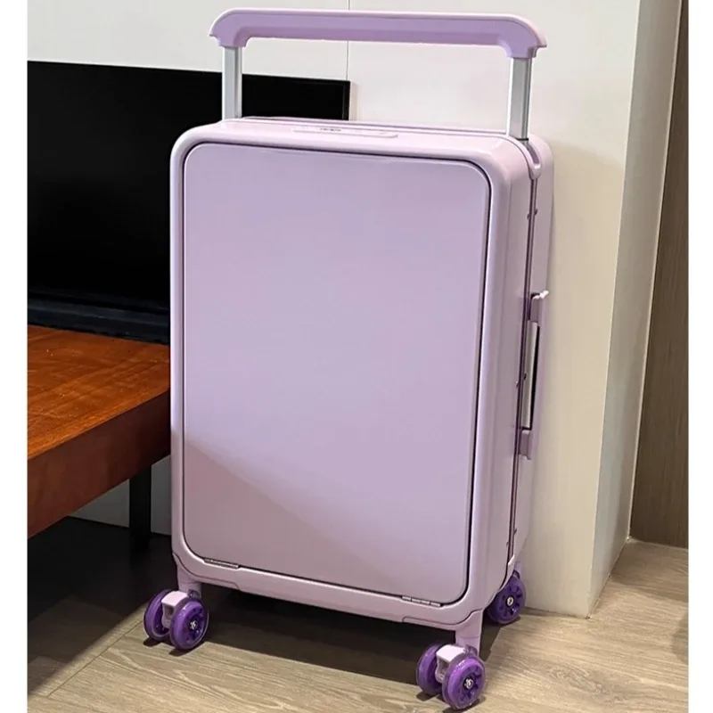 valise à roulettes avec poche pour ordinateur portable à ouverture frontale, poignée large, cadre en aluminium, serrure tsa, pour femme, en matériau pc, idéale pour les voyages et les entrepôts.