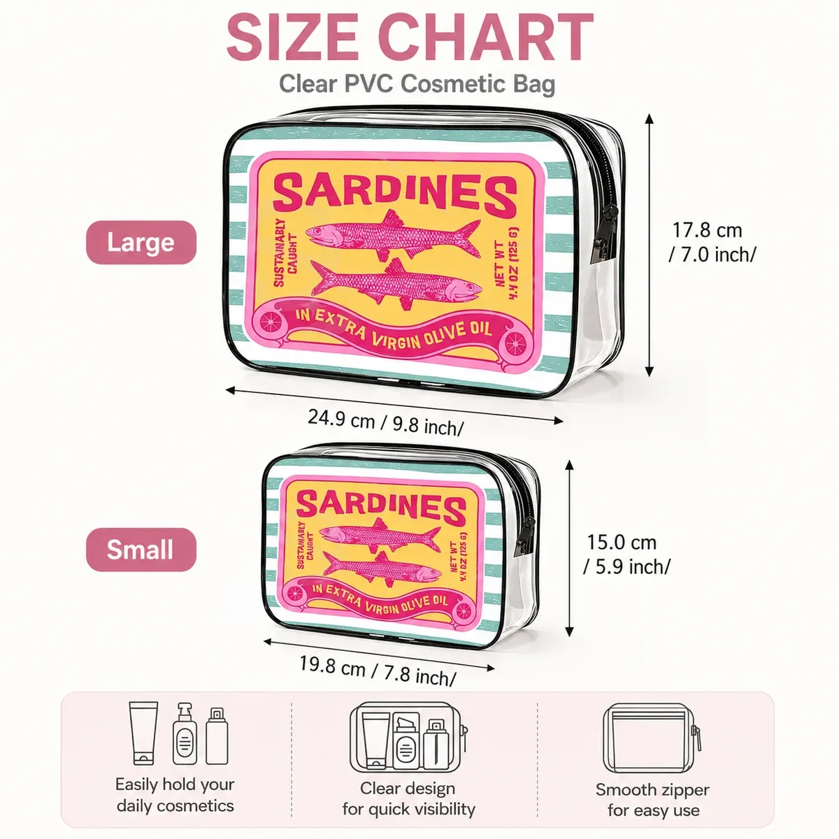 sac cosmétique transparent en pvc, trousse de toilette imperméable, imprimé sardines, organisateur de maquillage de voyage, pochette cosmétique, sac de rangement pour produits de beauté pour femmes