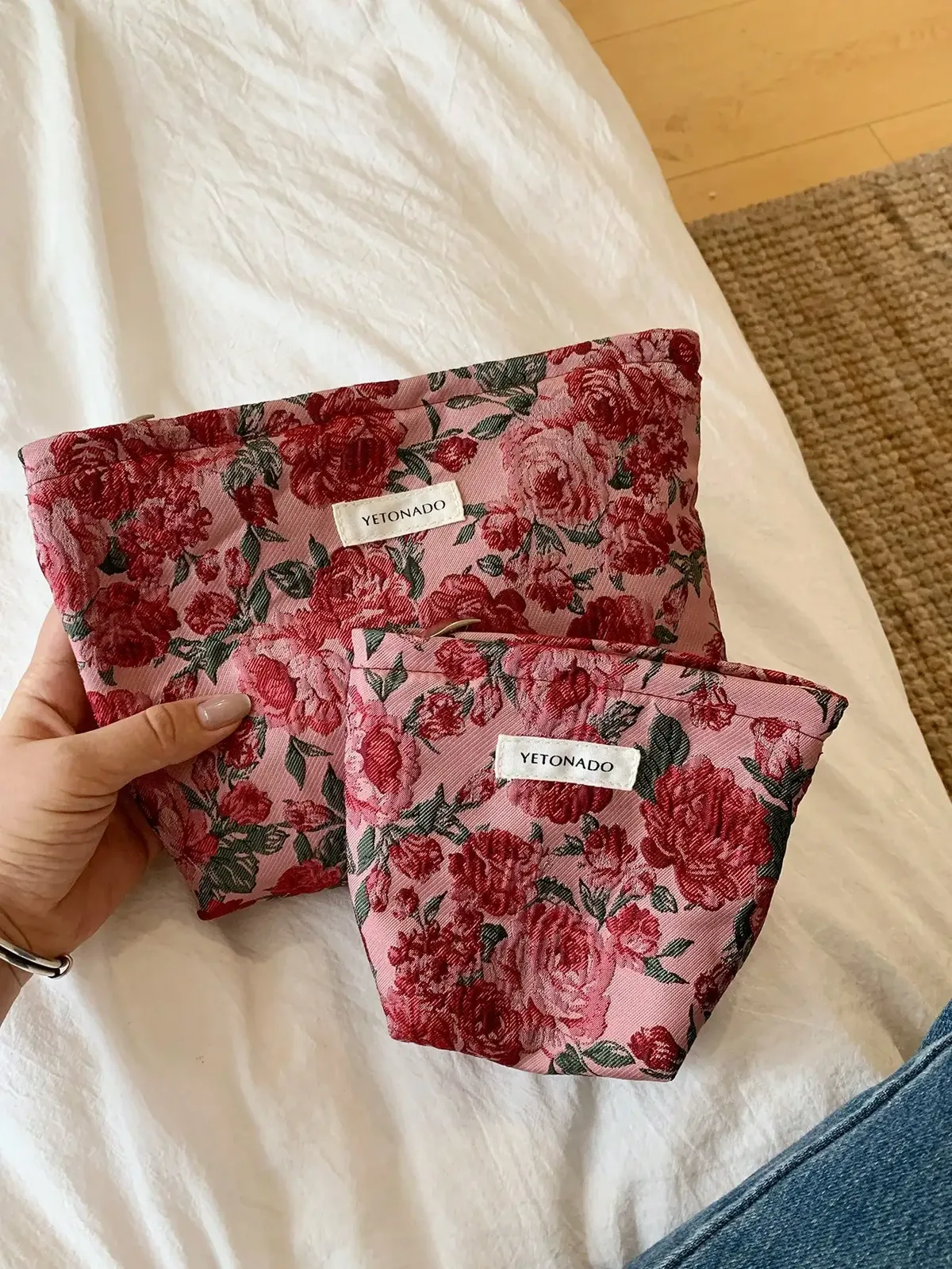 1 pièce/ensemble sac de maquillage Rose rouge Vintage, sac de maquillage à motif Rose, sac de rangement de maquillage, sac de lavage quotidien mignon