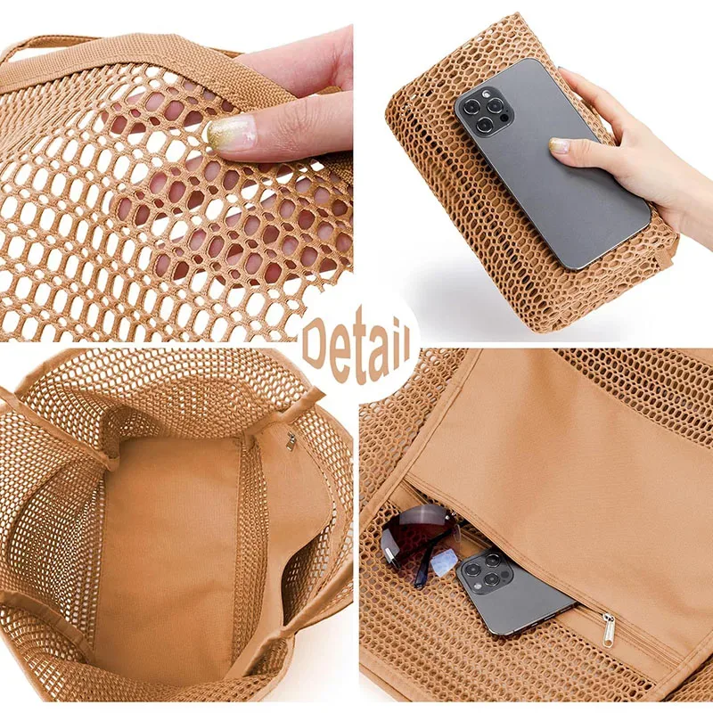 sac fourre-tout en maille de nylon pour femme, sac fourre-tout décontracté, sac à bandoulière pliable pour la plage, le pique-nique, les vacances