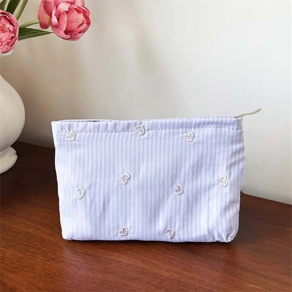 pochette à maquillage classique à rayures, motif brodé, fermeture éclair lisse, organiseur de cosmétiques, couleurs pastel, taille compacte, trousse de toilette
