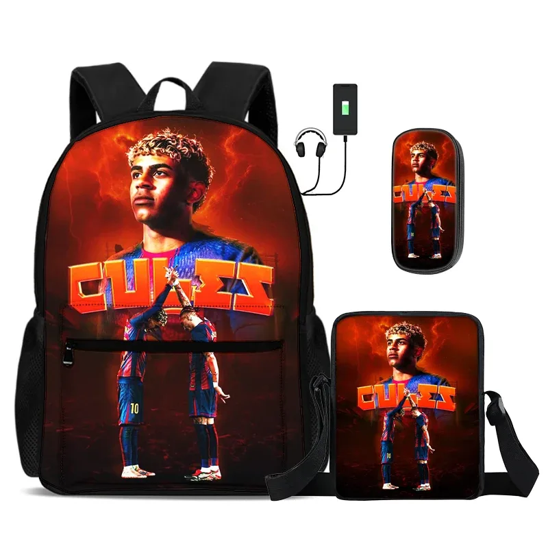 ensemble de 3 sacs à dos scolaires pour enfants avec sac à bandoulière et trousse à crayons, sac à dos l-lamin yamal avec interface usb