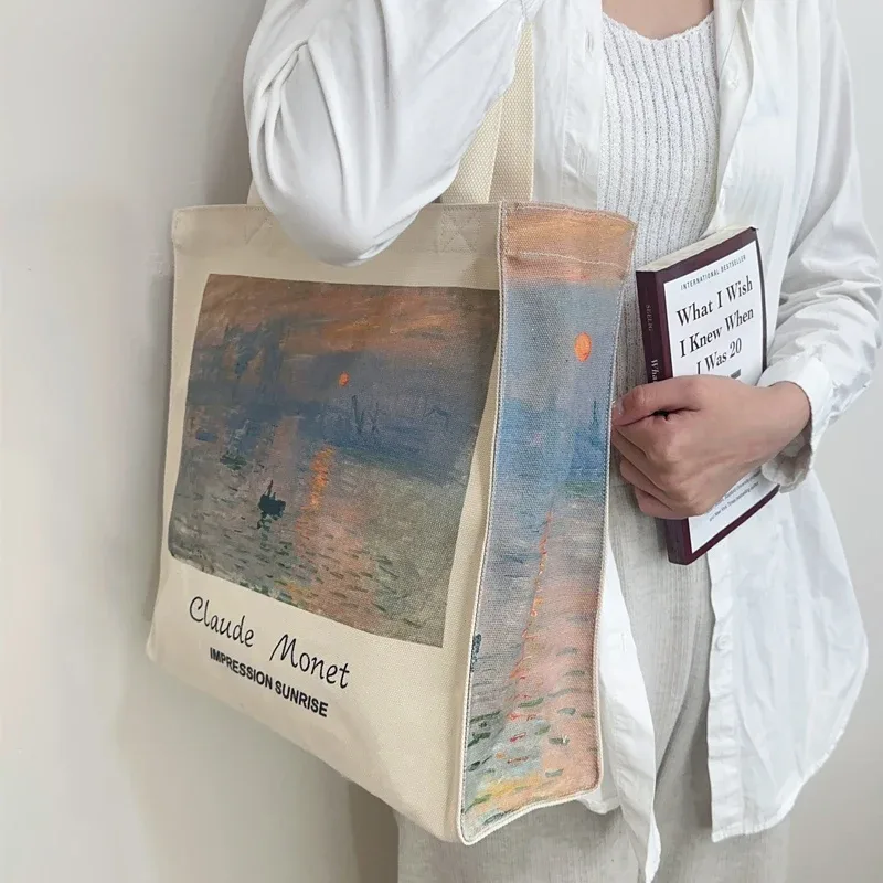 sac à bandoulière en toile extra épaisse pour femmes, van gogh morris, vintage, peinture à l'huile, fermeture éclair, livres, grand fourre-tout pour le shopping