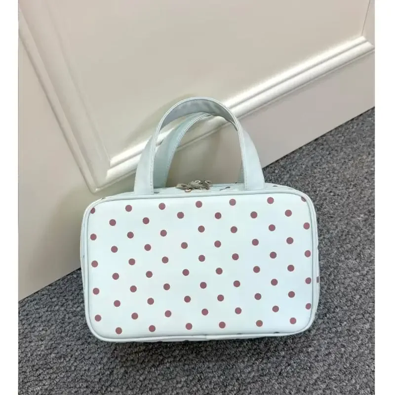 sac de maquillage portable à pois, multifonctionnel, à trois compartiments, sac cosmétique en pu, grande capacité, sac de rangement de voyage imperméable