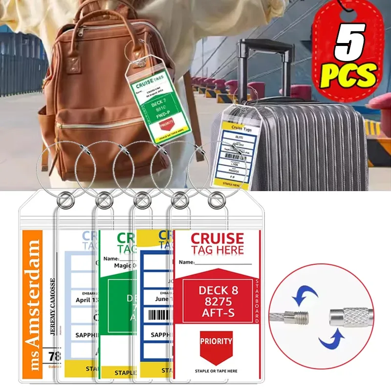 Étiquettes de bagages transparentes en PVC, étanches, pour croisière, voyage, porte-clés à boucles en acier, étiquettes de bagages, 5 pièces