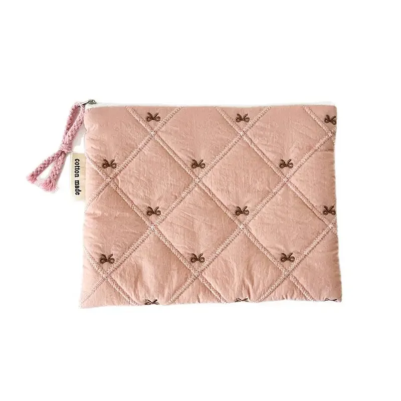 pochette cosmétique matelassée avec nœud brodé, grande capacité, multifonctionnelle, pour papeterie et stylos