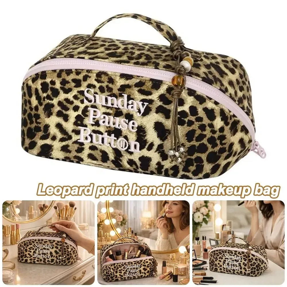 nouveau sac fourre-tout vintage à motif léopard, grande capacité, boîte de rangement portable, design à fermeture éclair, sac de rangement pour cosmétiques, organisation de trousse de toilette