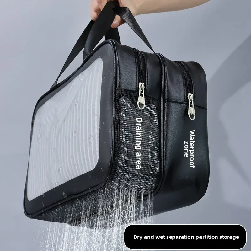 trousse de toilette grande capacité étanche avec séparation humide/sèche en pu givré double couche – sac de voyage maquillage et lavage – organisateur de salle de bain