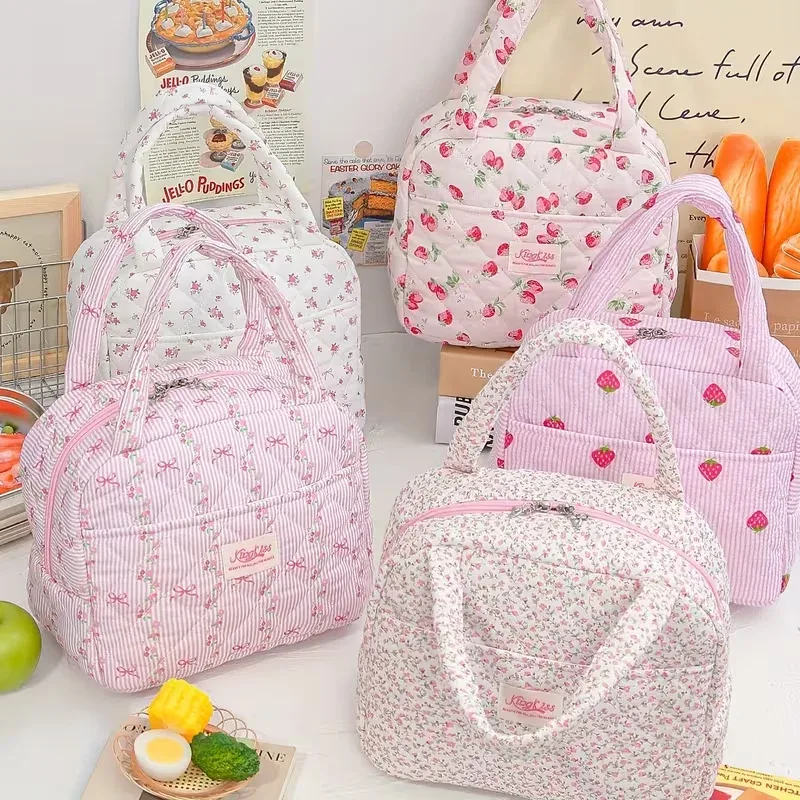 grande capacité - sac fourre-tout imprimé de jolies fleurs, fraises et cerises, pour garder les repas au chaud et au froid (non en contact avec les aliments)