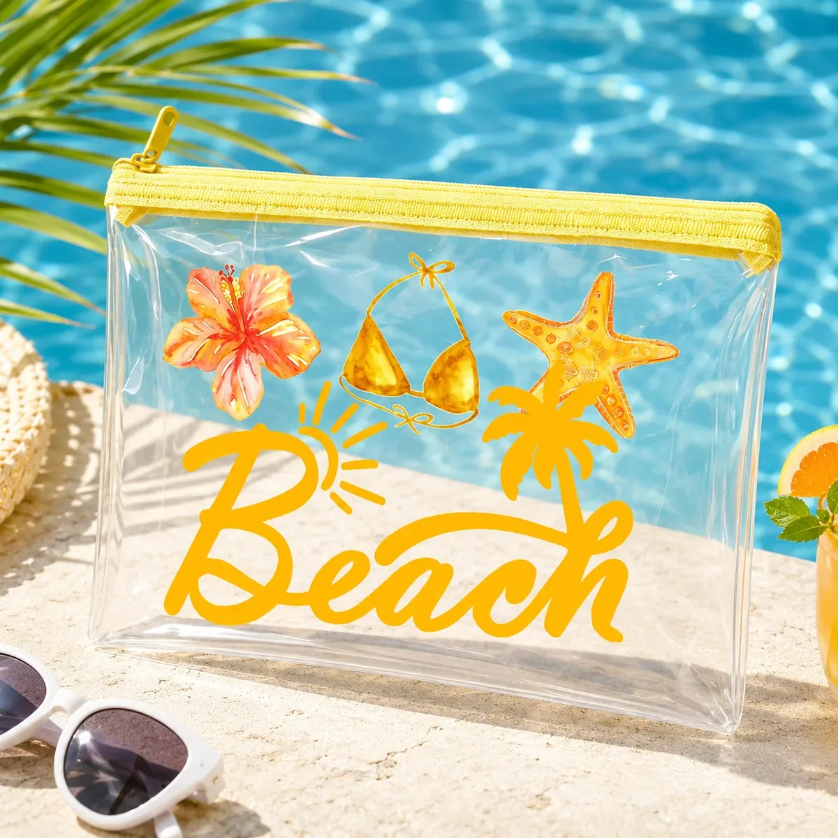 sac cosmétique transparent en pvc style plage tropicale avec fermeture éclair jaune, trousse de toilette de voyage pour femme, essentiels pour la piscine, les vacances et la natation