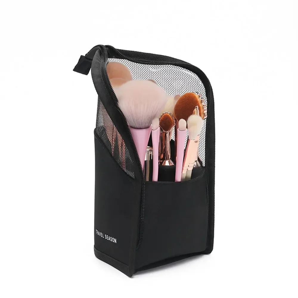 sac de rangement pour pinceaux de maquillage, pliable, en maille transparente, support vertical, étui cosmétique portable à séchage rapide pour femmes, rangement de voyage et de bureau