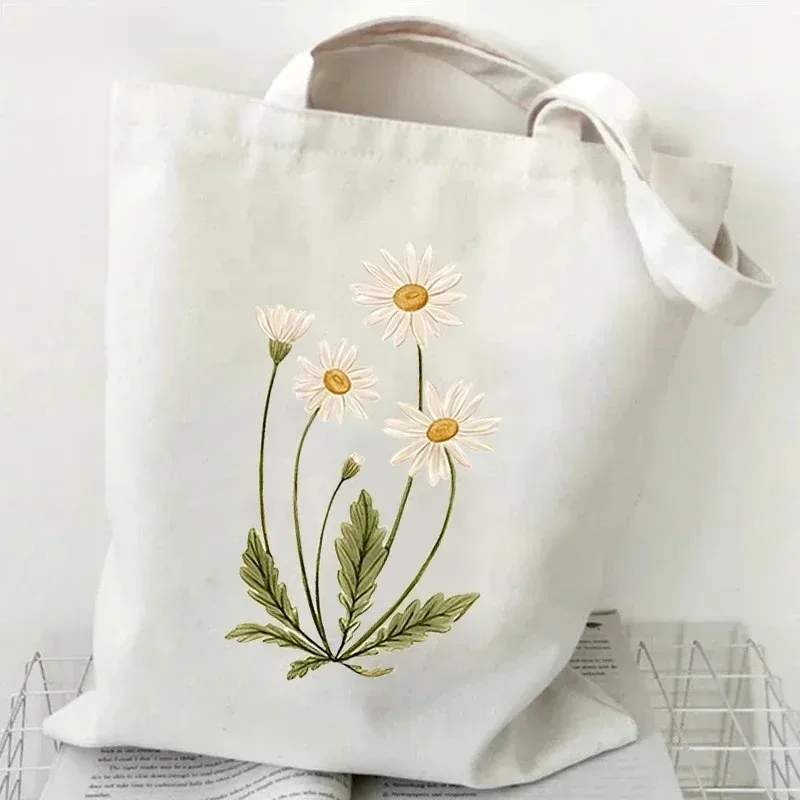 sac fourre-tout en toile décontracté peinture à l'huile fleurs sauvages imprimer dame sac à bandoulière style plante marguerite vintage fleur femmes sac à main