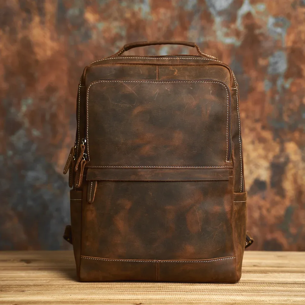 nasva-sac à dos en cuir véritable pour homme, sac rétro, sac de randonnée, sac d'école, sac de voyage, sac pour ordinateur portable, 15.6 pouces