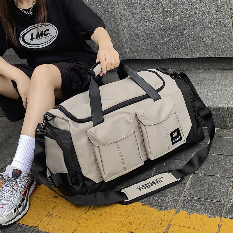 Sac de voyage pour pantalons à poches multi-abattes de couleur contrastée, sacoche à bandoulière de grande capacité, sac de Fitness pour hommes et femmes, sac de sport à la mode