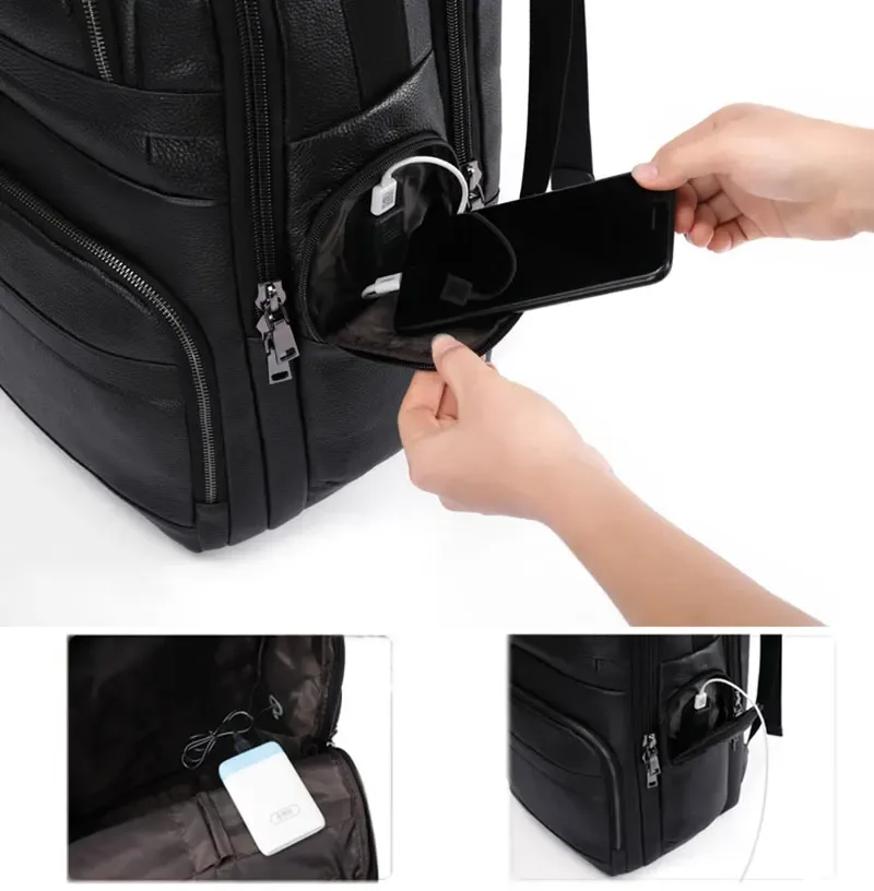 luufan-sac à dos de chargement usb pour homme, cuir de vache véritable, sac à dos étanche pour ordinateur portable 16 ", cartable noir, grand sac à dos de voyage pour homme