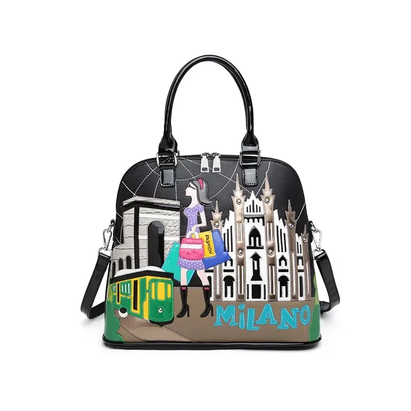 sac à dos en cuir avec broderie patchwork pour femme, cartable preppy, sac d'étudiant, sac de voyage, fourre-tout, style braccialini, dessin animé milan