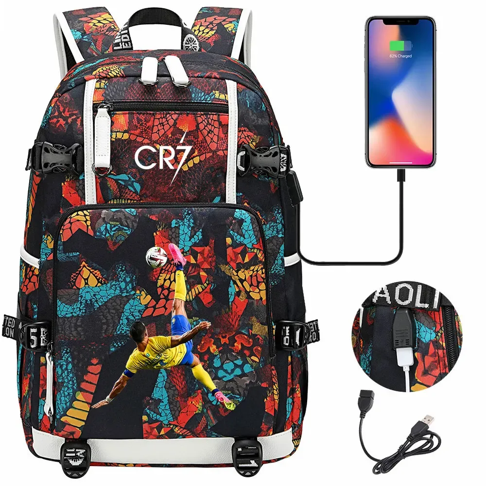football star cr7 usb adolescents étudiant cartable femmes hommes ordinateur portable voyage sport sac à dos fille garçons enfants retour à l'école livre sacs
