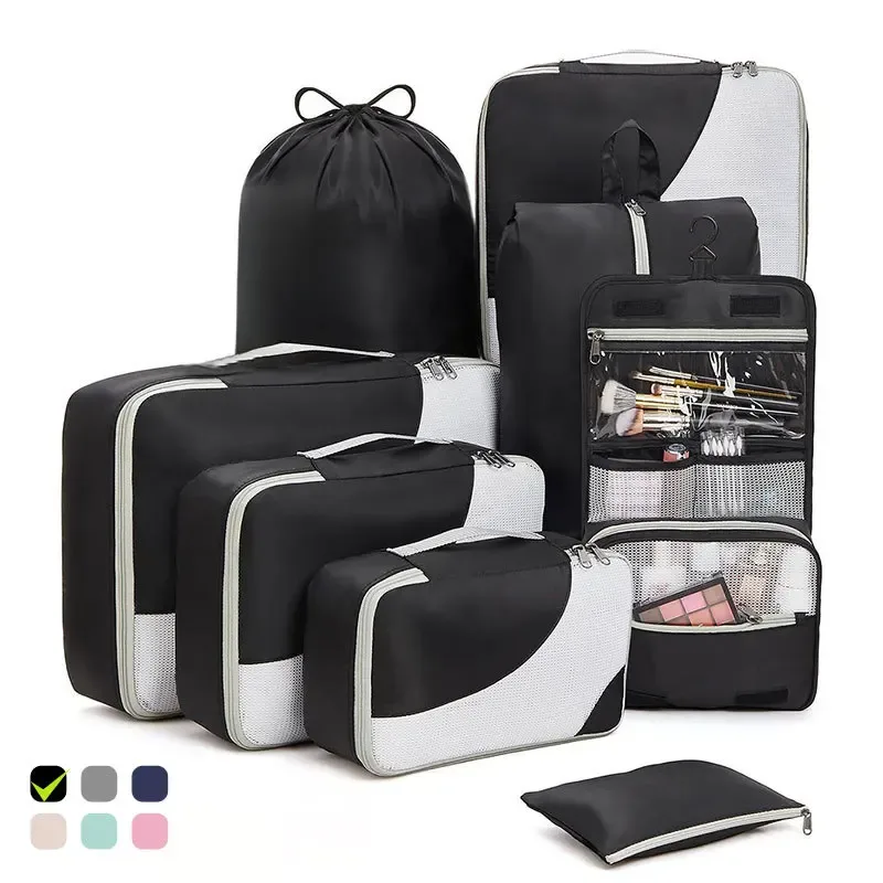 organiseur de valise de qualité supérieure, 8 pièces, pochettes de rangement en maille transparente, cubes de rangement résistants aux déchirures, sacs de rangement pour vêtements avec trousse de toilette