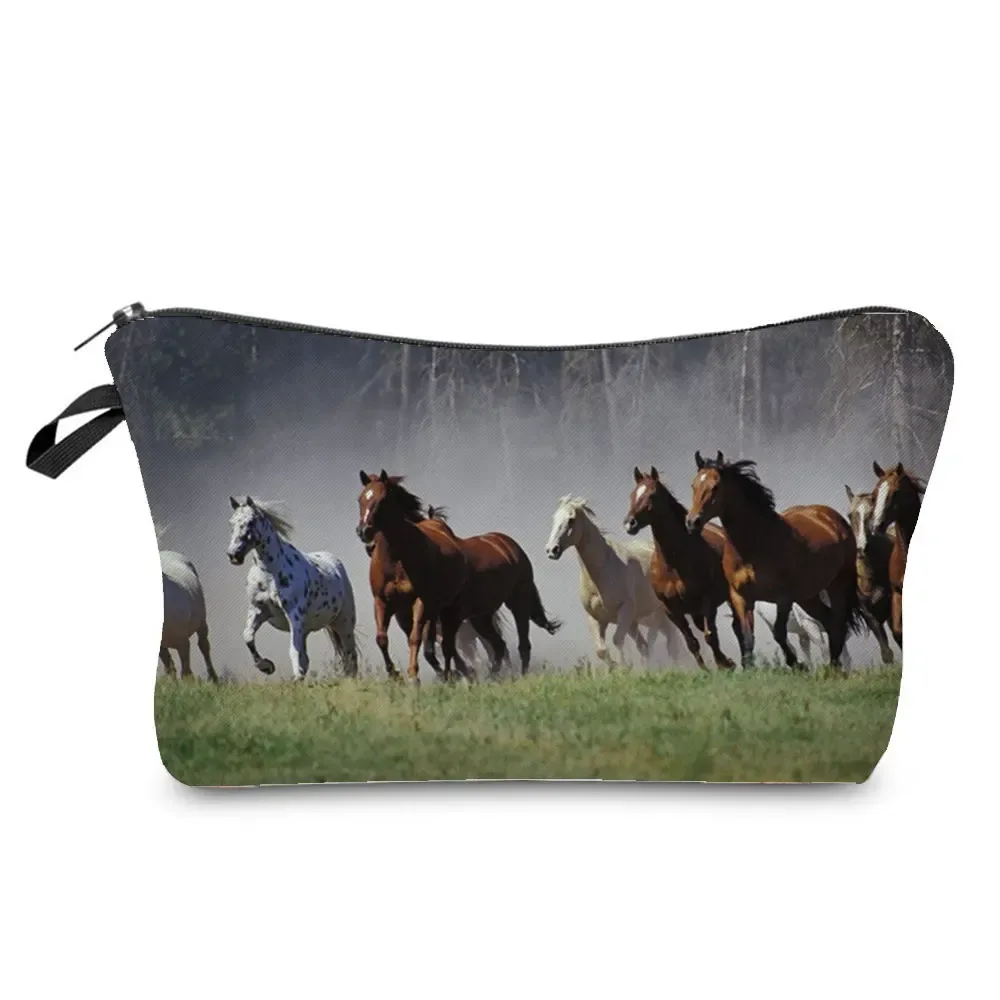 sacs de maquillage imprimés cheval pour femmes, sac à cosmétiques décontracté pour filles, mini trousse de toilette écologique réutilisable de voyage, trousse à crayons pour étudiants