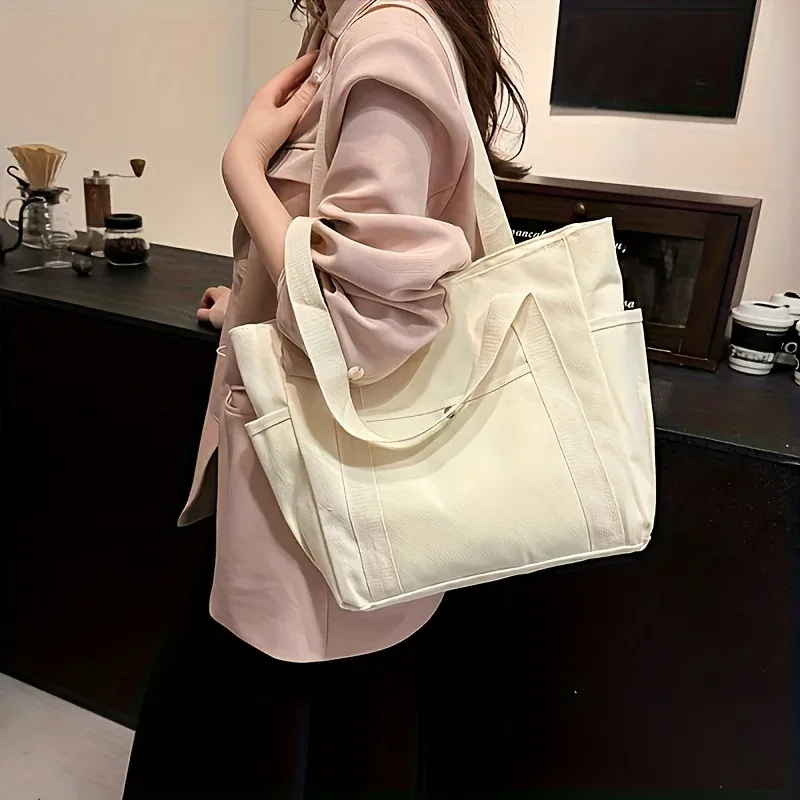 grand sac fourre-tout avec fermeture éclair - sac de transport en nylon, beige/noir, compartiments pour l'université/le bureau/les voyages