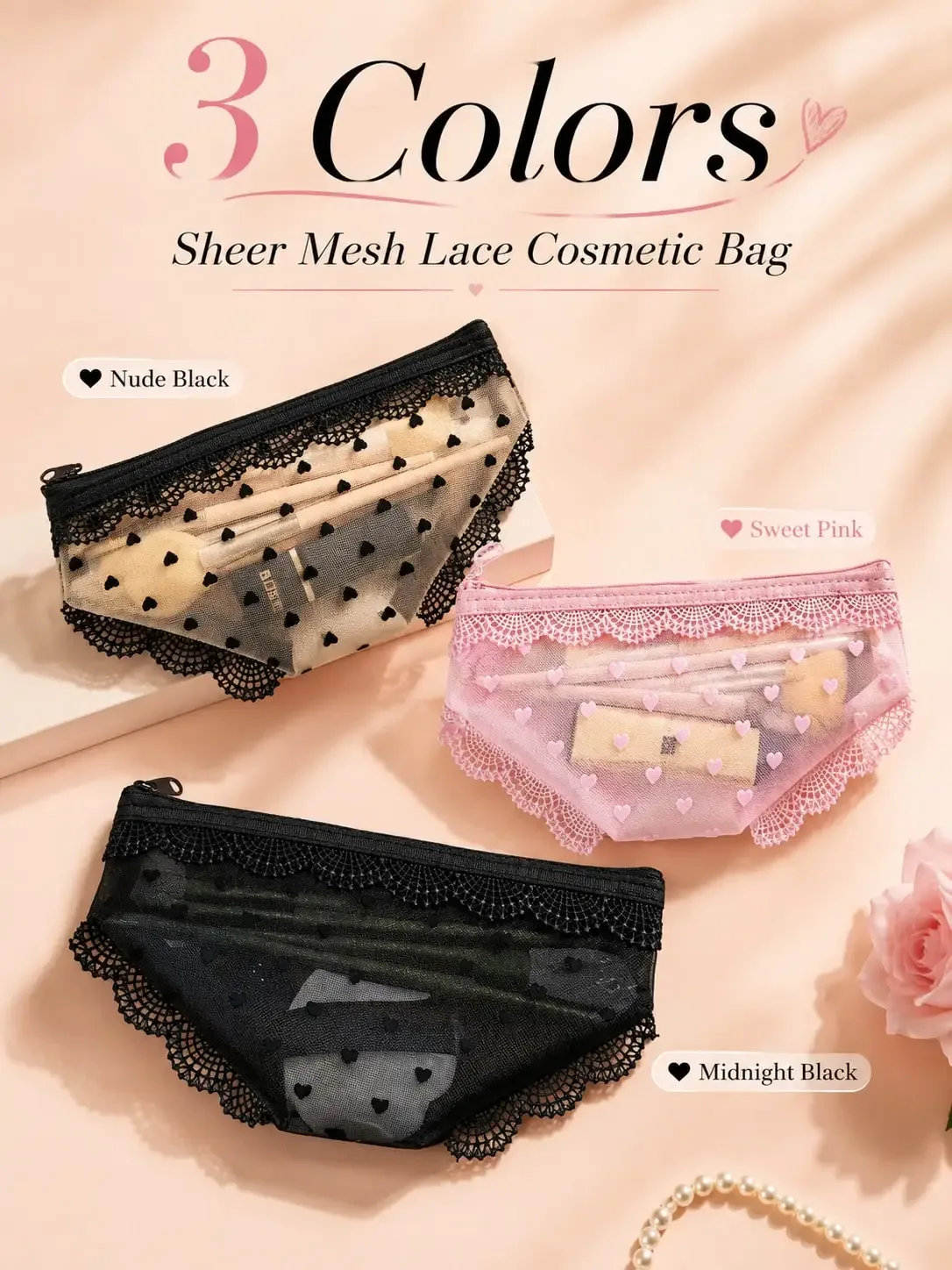 Pochette de maquillage transparente et sexy en dentelle, pochette de maquillage portable pour voyage, adaptée pour l'eyeliner, les pinceaux de maquillage, le rouge à lèvres, les produits de soin de la peau, les écouteurs, les palettes de fards à paupières, etc., idéale pour les voyages quotidiens, un joli rangement pour la papeterie et un sac de toilette.