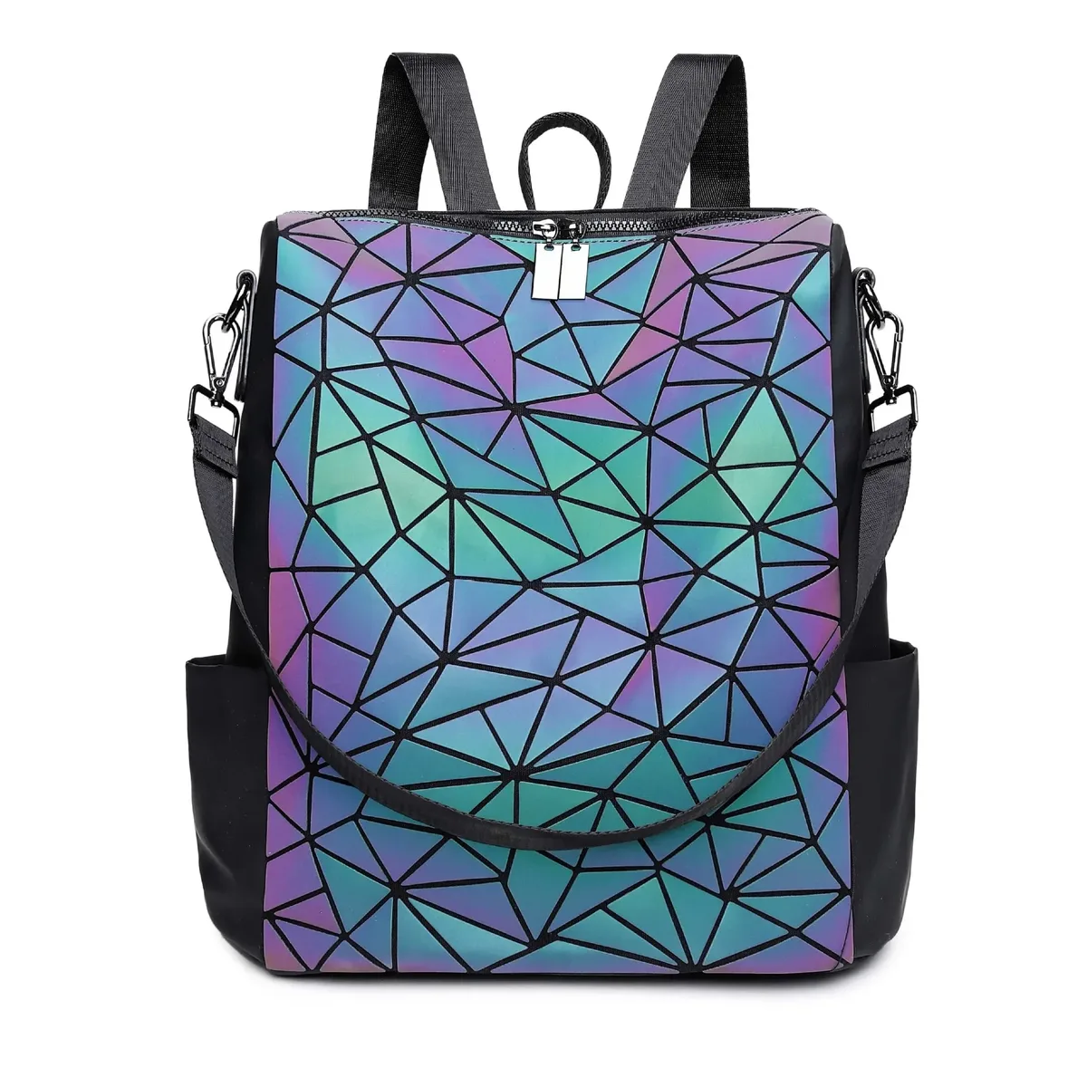sac à dos lumineux tendance pour femmes, en pvc holographique, géométrique, pour adolescentes, sac de voyage mochila feminina