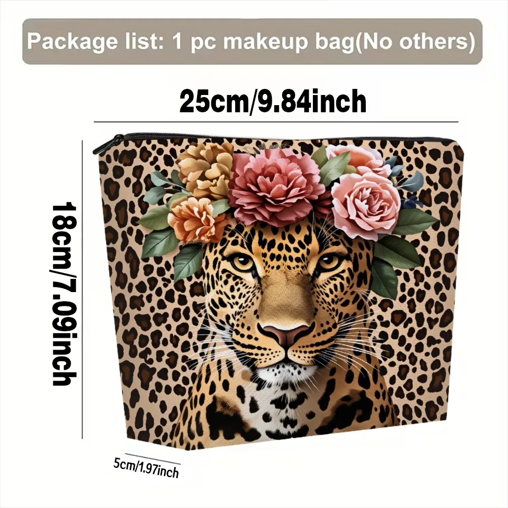 sacs de maquillage à motif léopard avec couronne florale pour filles, pochette à cosmétiques, trousse de toilette, trousse à crayons, rangement de voyage