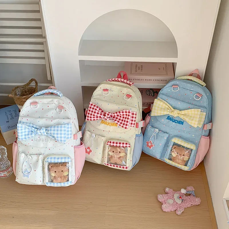 sac à dos en nylon pour adolescente, style coréen, avec nœud papillon, imprimé à carreaux et lettres, grande capacité, pour voyage et école