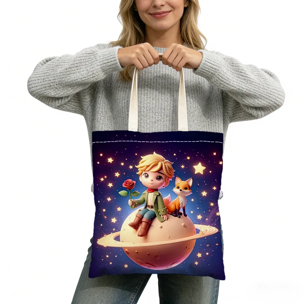 sac fourre-tout imprimé double face sans fermeture éclair, star boy cute fox cosmic rose, 40x45 cm, sac à bandoulière pour usage quotidien, shopping, apprentissage, extérieur