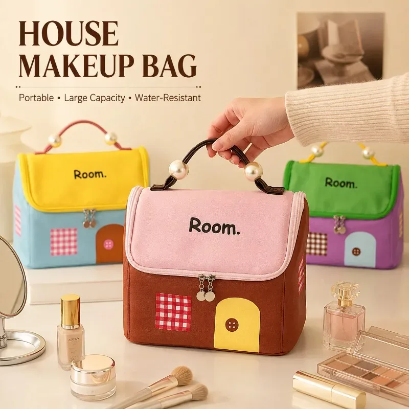 grande trousse de maquillage à grande capacité, design mignon en forme de maison, organisateur de maquillage portable avec séparateurs amovibles, étui de voyage résistant à l'eau.