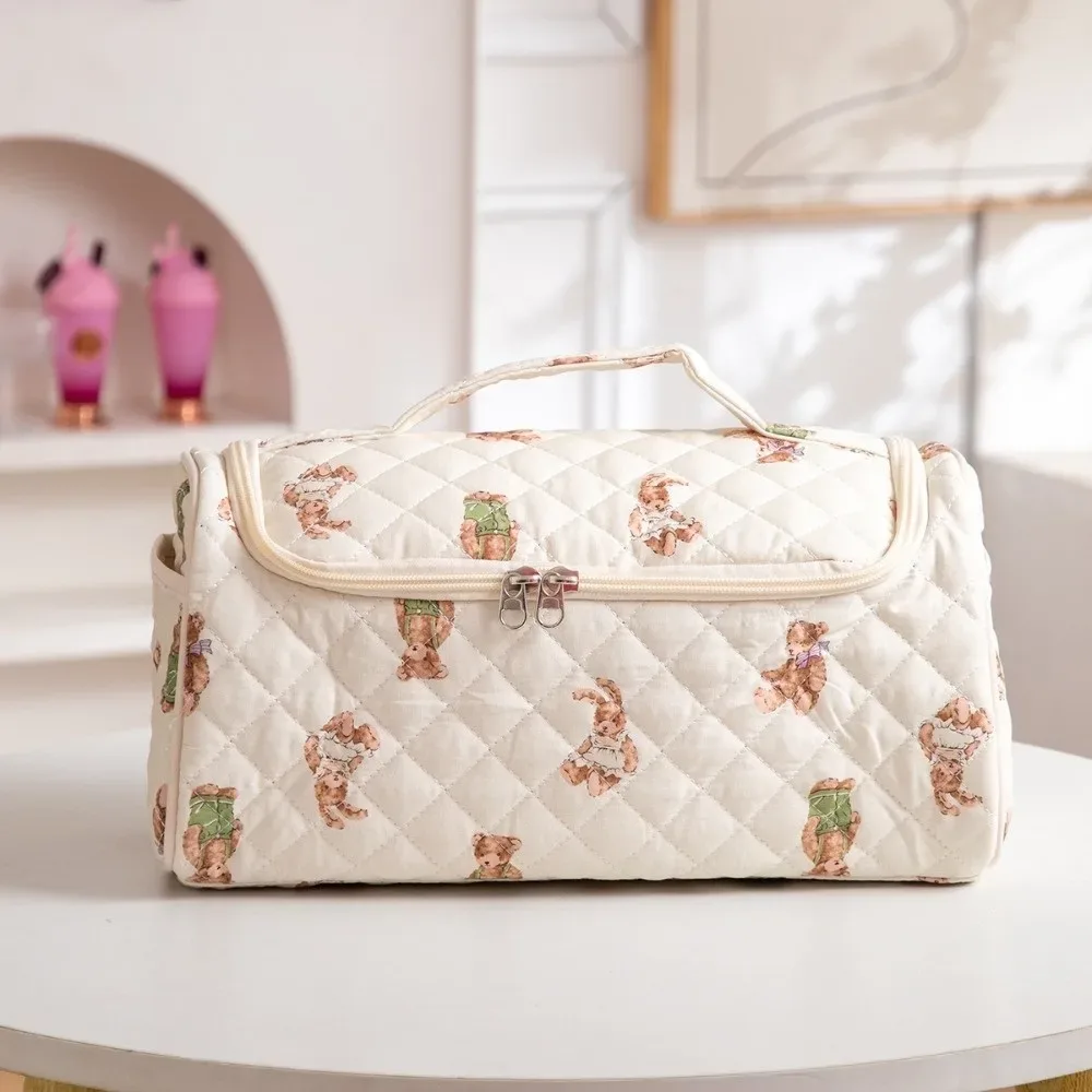 trousse de toilette tendance matelassée, trousse à maquillage portable avec nœud, sac de voyage grande capacité de haute qualité pour sèche-cheveux pour femme