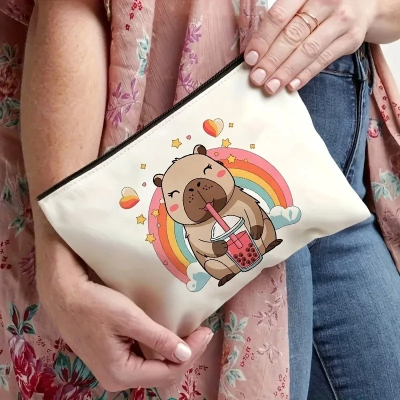 sac de maquillage imprimé capybara mignon, pochette légère à fermeture éclair double face, trousse de maquillage pour femmes, voyage, camping