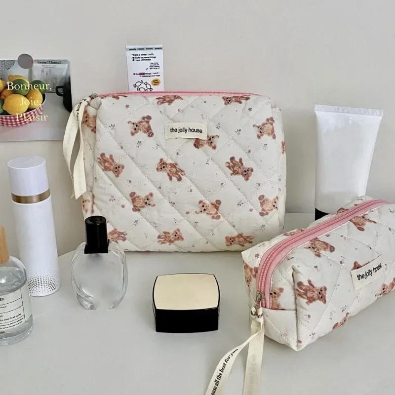 sac de maquillage ours de dessin animé pour femmes, grande capacité, mignon organisateur de voyage, pochette matelassée, sac à main de rangement de toilette pour dames
