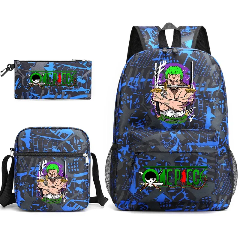 Ensemble de sacs à dos pour étudiants imprimés One Piece Zoro, avec sac à bandoulière et trousse à crayons, pour enfants et adolescents, pour l'école, les voyages, légers