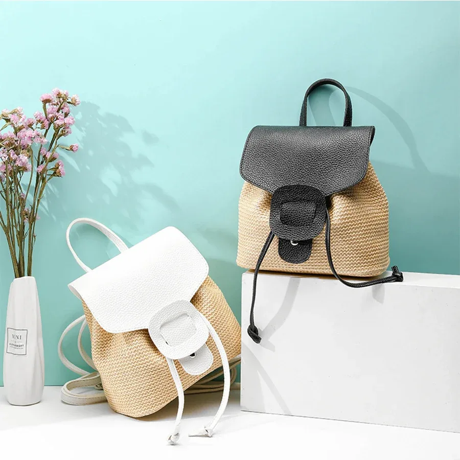 Sac à dos en paille et Pu pour femmes, sac à bandoulière avec cordon de serrage, sac de jour de voyage de grande capacité pour adolescentes