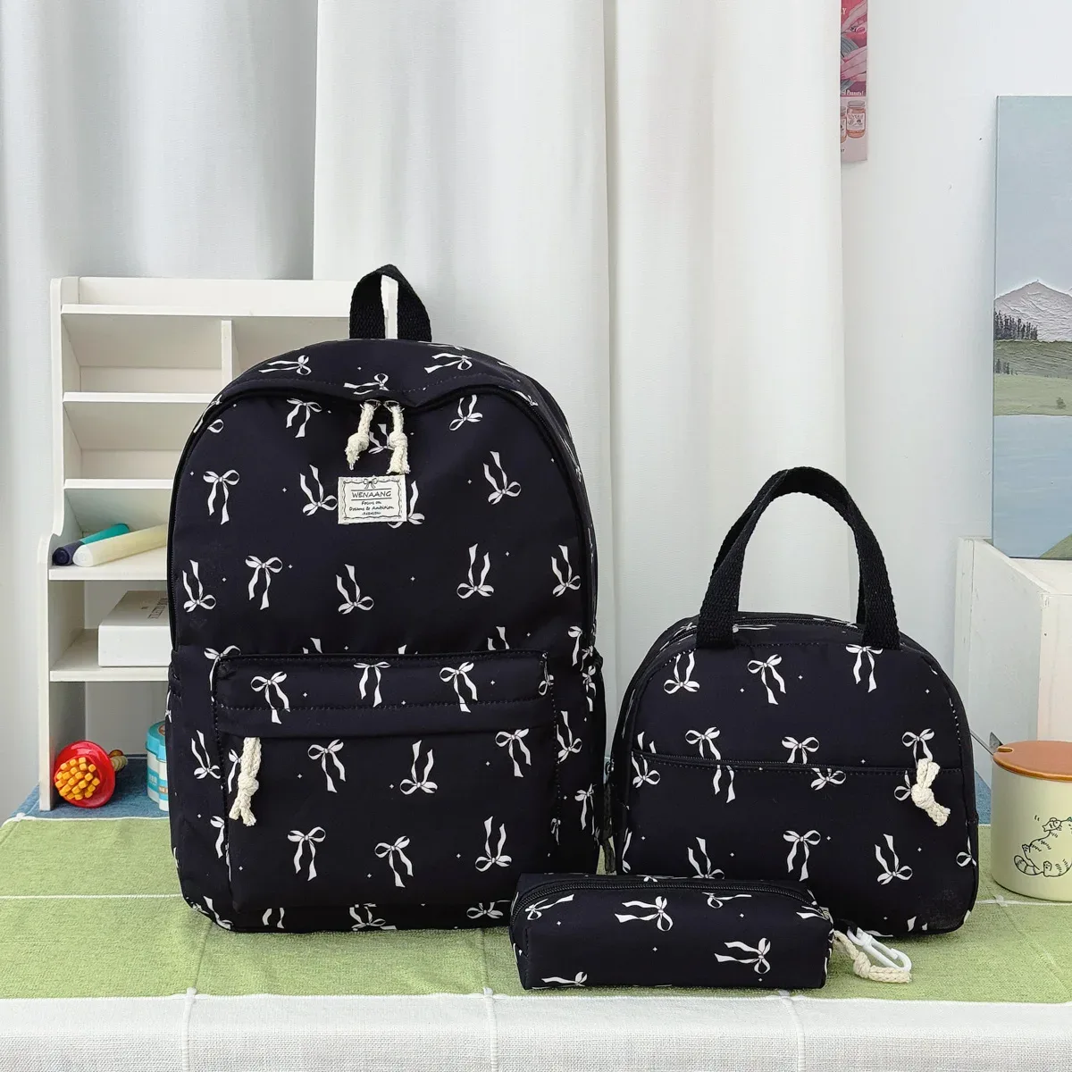 ensemble de sacs à dos trois pièces imprimé nœud papillon, doux et frais, en nylon léger, grande capacité, pour le campus et les trajets quotidiens des étudiants